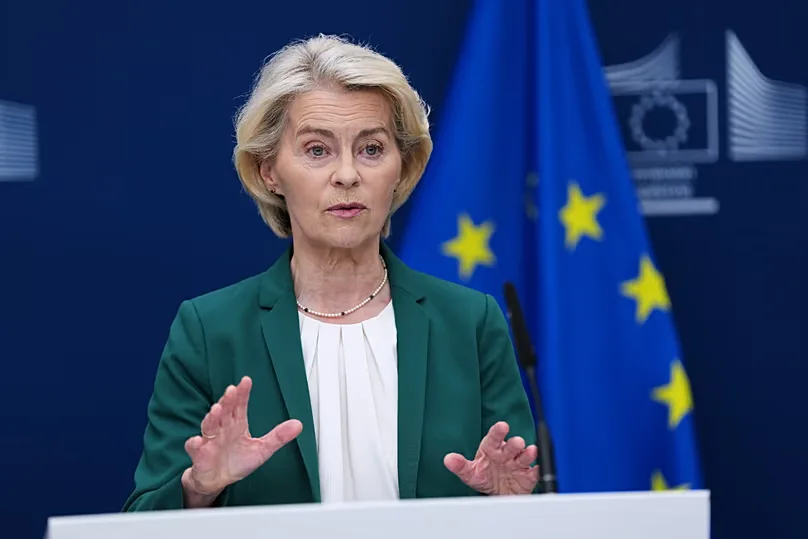 FILE. European Commission President Ursula von der Leyen delivers a press statement at EU headquarters in Brussels, 2 Sept. 2026