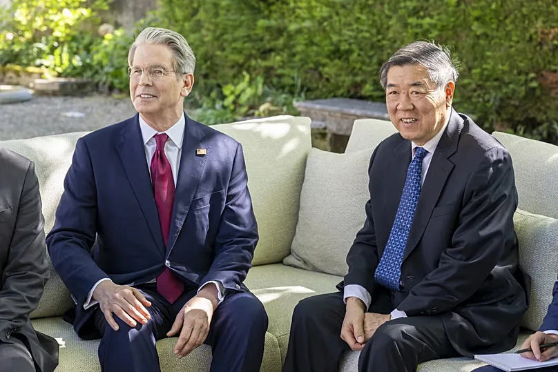 US Treasury Secretary Scott Bessent talks with Chinese Vice Premier He Lifeng during a bilateral US-China meeting in Geneva, Switzerland, 10 May 2025