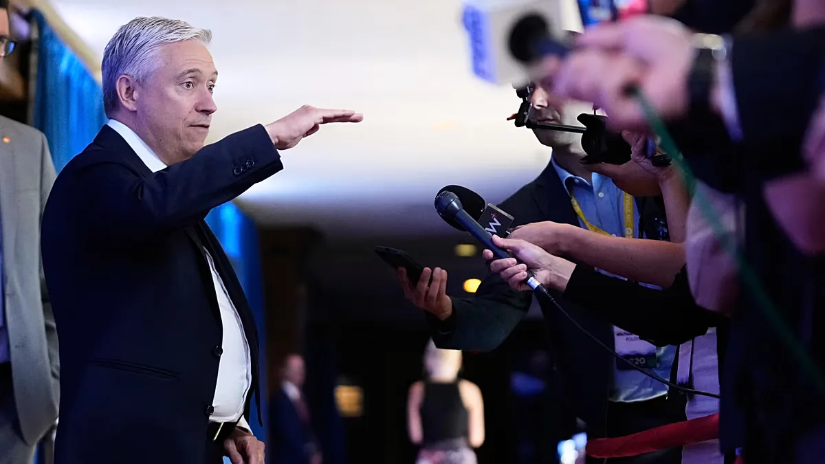 Canadian Finance Minister Francois-Philippe Champagne speaks to reporters at the G20 Finance Ministerial in Asheville, North Carolina, 1 Sept. 2026