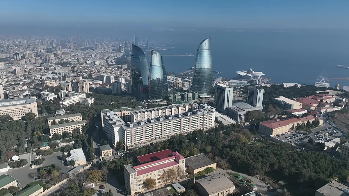 A view of Baku and its Flame Towers, July 2026