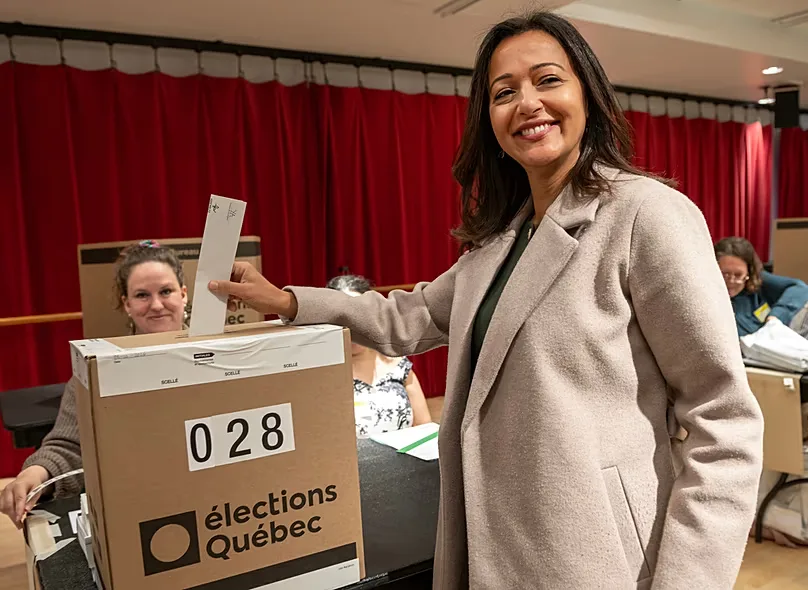 Québec Solidaire co-spokesperson Ruba Ghazal votes in her Montreal riding of Mercier, in the Quebec provincial general election on Monday Oct. 5, 2026