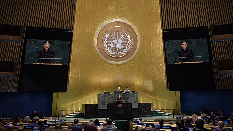 Head of Uzbekistan's Presidential Administration, Saida Mirziyoyeva, delivers her speech during UN General Assembly in New York