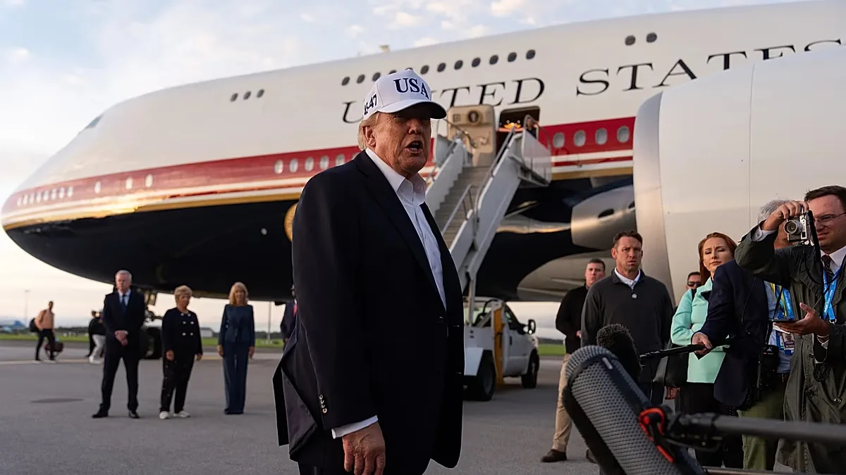 President Donald Trump speaks with reporters before boarding Air Force One at Shannon Airport, Sunday, Sept. 13, 2026, in Shannon, Ireland.
