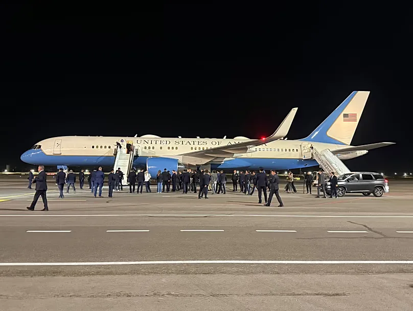The aircraft carrying US Secretary of State Marco Rubio at Samarkand International Airport in Uzbekistan on Sunday evening, 18 October 2026, ahead of the C5+1 ministerial meet