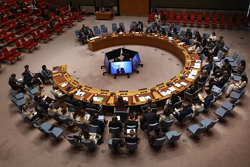 Members of the Security Council during a meeting at the United Nations headquarters in New York, 14 April, 2026