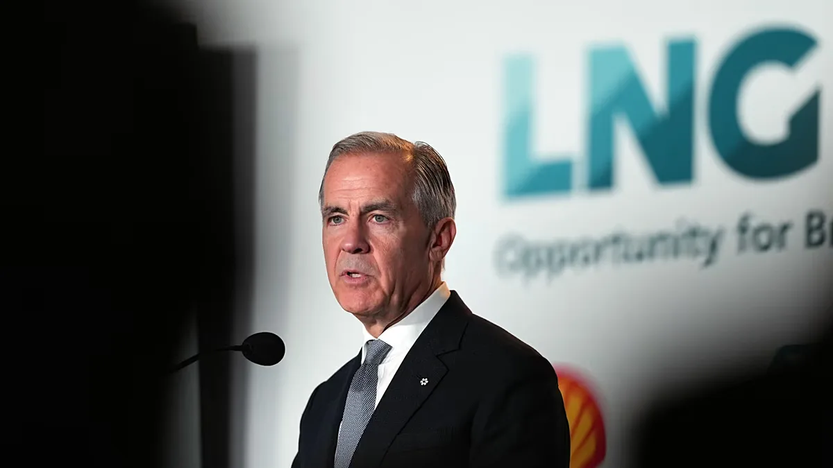 Prime Minister Mark Carney speaks after LNG Canada said it will go ahead with the Phase 2 expansion project at its LNG terminal in Kitimat, B.C., September 2026.