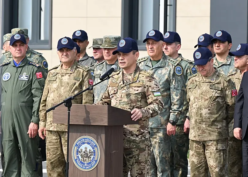 Uzbekistan’s Defence Minister, Lieutenant General Shukhrat Kholmukhamedov giving his speech during the “Power of Unity – 2026” exercise