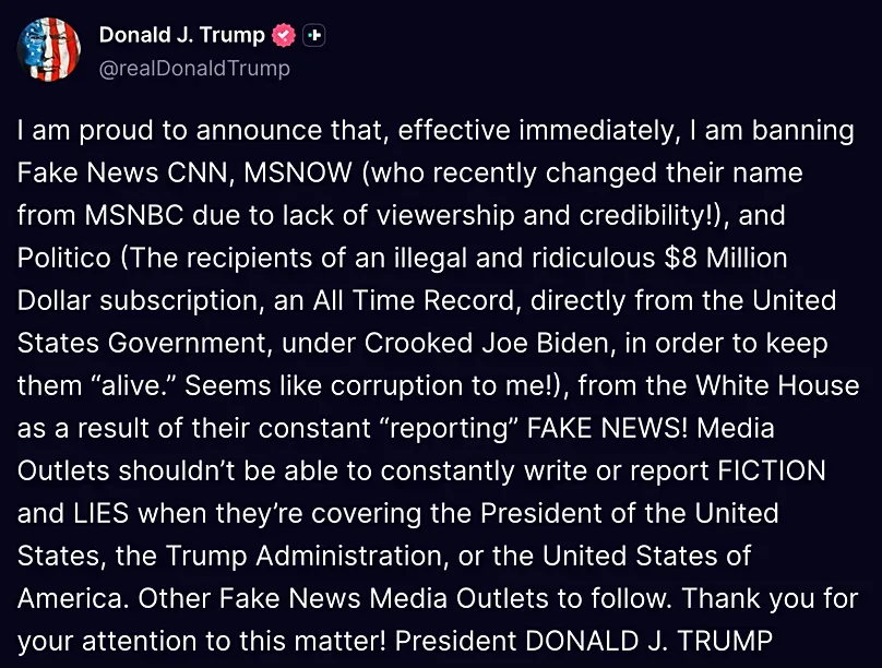 President Trump writing on Truth Social