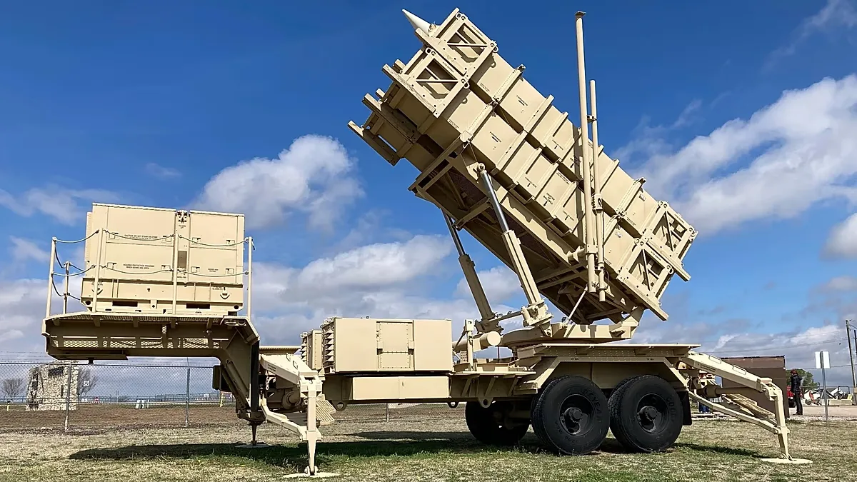 A Patriot missile mobile launcher is displayed outside the Fort Sill Army Post near Lawton, Okla., on Tuesday, March 21, 2023.