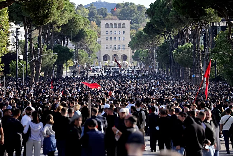 Protesters gather during an anti-government rally, in Tirana, Albania, Saturday, 24 Oct, 2026.