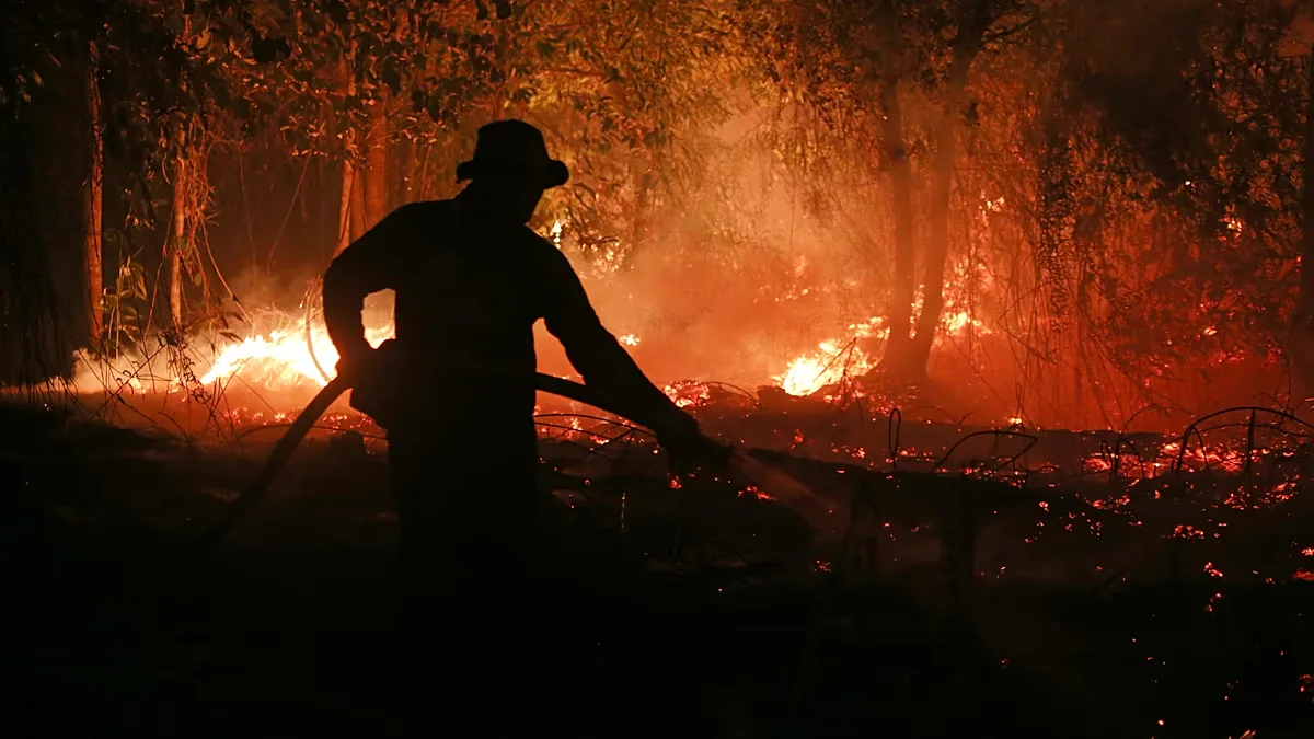 A firefighter sprays water in an attempt to extinguish a wildfire burning through a peatland forest in Pulang Pisau, Central Kalimantan, Indonesia, Sept. 5, 2026.