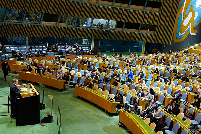Cuban foreign minister Bruno Rodriguez Parrilla, left, speaks at United Nations headquarters, Wednesday. 28 October 2026.