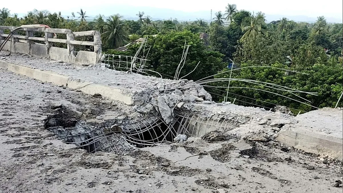 A damaged section of a bridge is seen after a market in an adjacent area was allegedly hit by the military’s airstrike in Kyauktaw, Rakhine, Myanmar, Monday, Sept.28, 2026