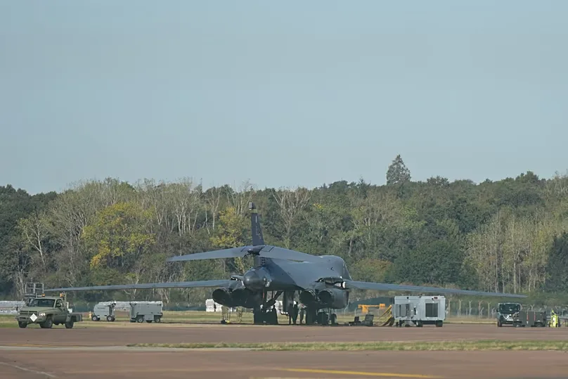 A B-1 US Air Force bomber on the tarmac at RAF Fairford in Fairford, England, Monday, Sept. 28, 2026