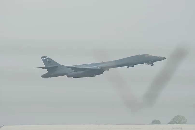 A B-1 bomber takes off from RAF Fairford in Fairford, England, Tuesday, Sept. 29, 2026