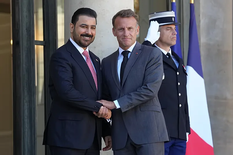 Emmanuel Macron greets the Iraqi Prime Minister, Ali Al-Zaïdi, before a signing ceremony at the Élysée in Paris on Monday 14 September 2026