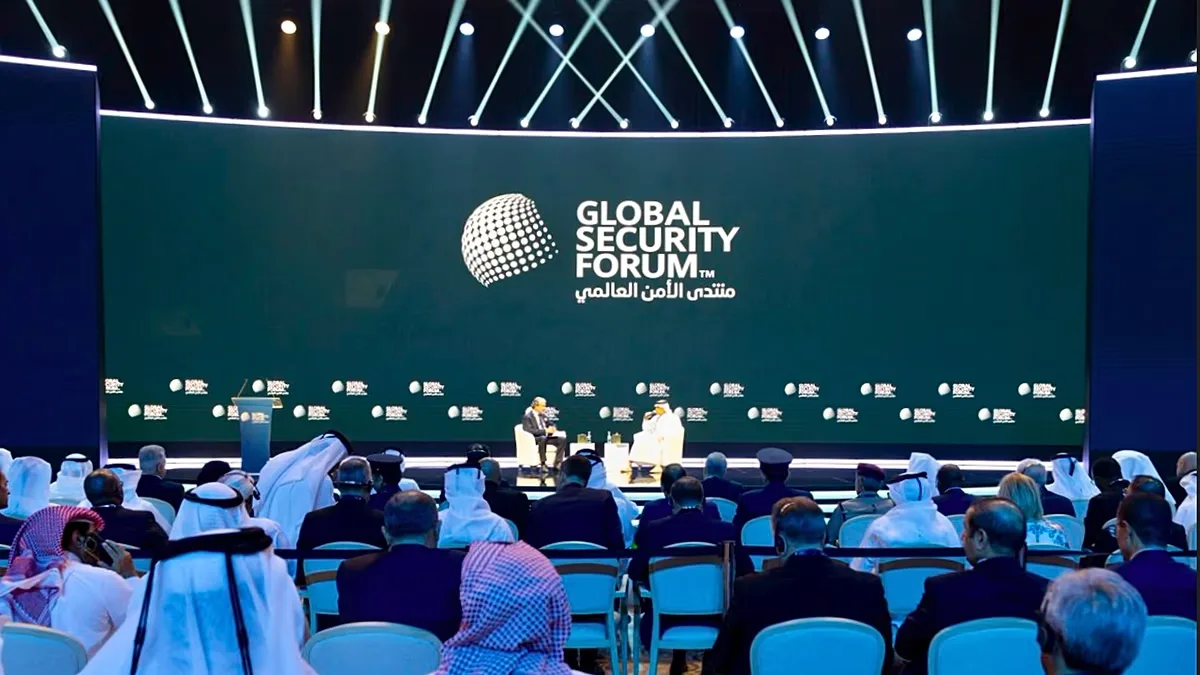 Sheikh Saoud bin Abdulrahman Al Thani, right, takes part in a discussion at the Global Security Forum in Doha, 19 October 2026.