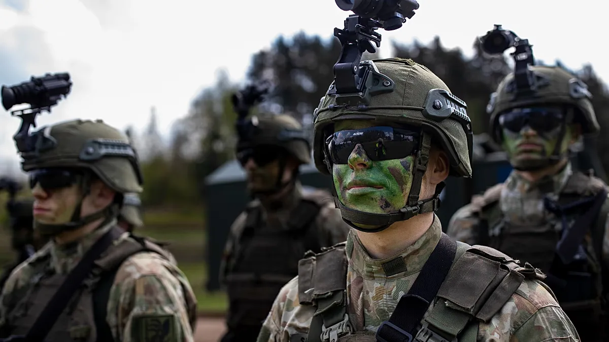  Lithuanian Army soldiers take part in a Lithuanian-Polish Brave Griffin 24/II military exercise near the Suwalki Gap near the Polish border at the Dirmiskes village.