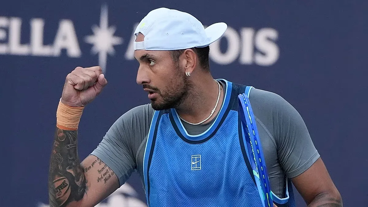 Nick Kyrgios, of Australia, reacts during his match against Mackenzie McDonald at the Miami Open tennis tournament, Wednesday, March 19, 2025, in Miami Gardens, Fla.
