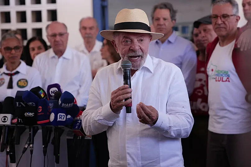 President Luiz Inacio Lula da Silva, who is running for reelection, speaks after voting during general elections in Sao Bernardo do Campo, Brazil, Sunday, Oct. 4, 2026