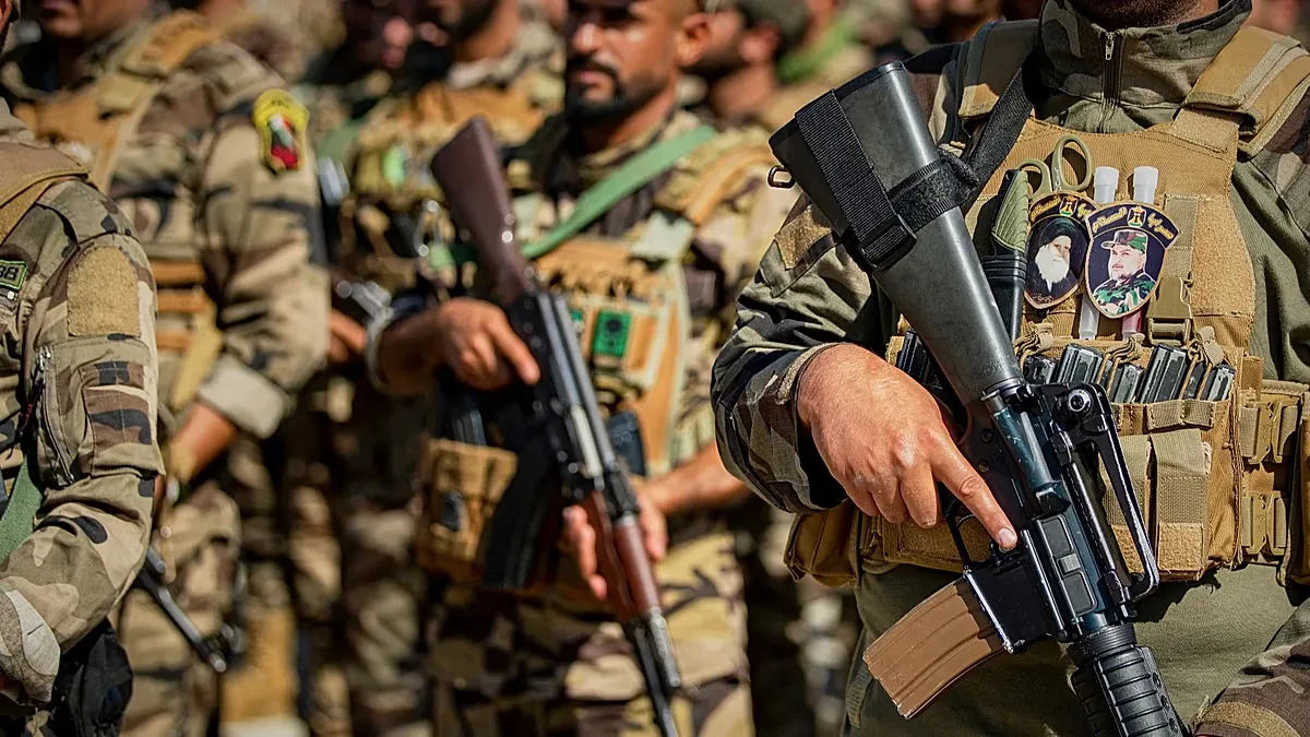 Archive photo - members of the Shia "Saraya al-Salam" militia attend a ceremony to begin handing over their weapons to Iraqi state forces in Samarra