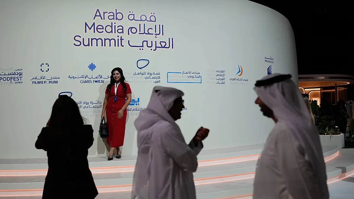 Visitors attend the opening day of the Arab Media Summit 2026 in Dubai, 15 September 2026