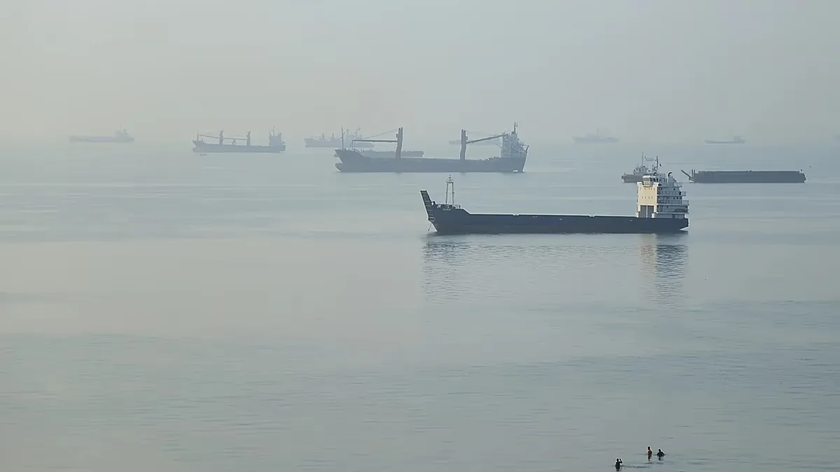 People wade in the water as cargo ships are anchored in the Strait of Hormuz off Bandar Abbas, Iran, early Monday, Sept. 28, 2026.