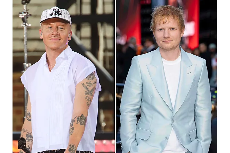 Side-by-Side, American Rapper 'Macklemore' and English singer-songwriter Ed Sheeran at the premiere of the film "F1 The Movie" in London on June 23, 2025
