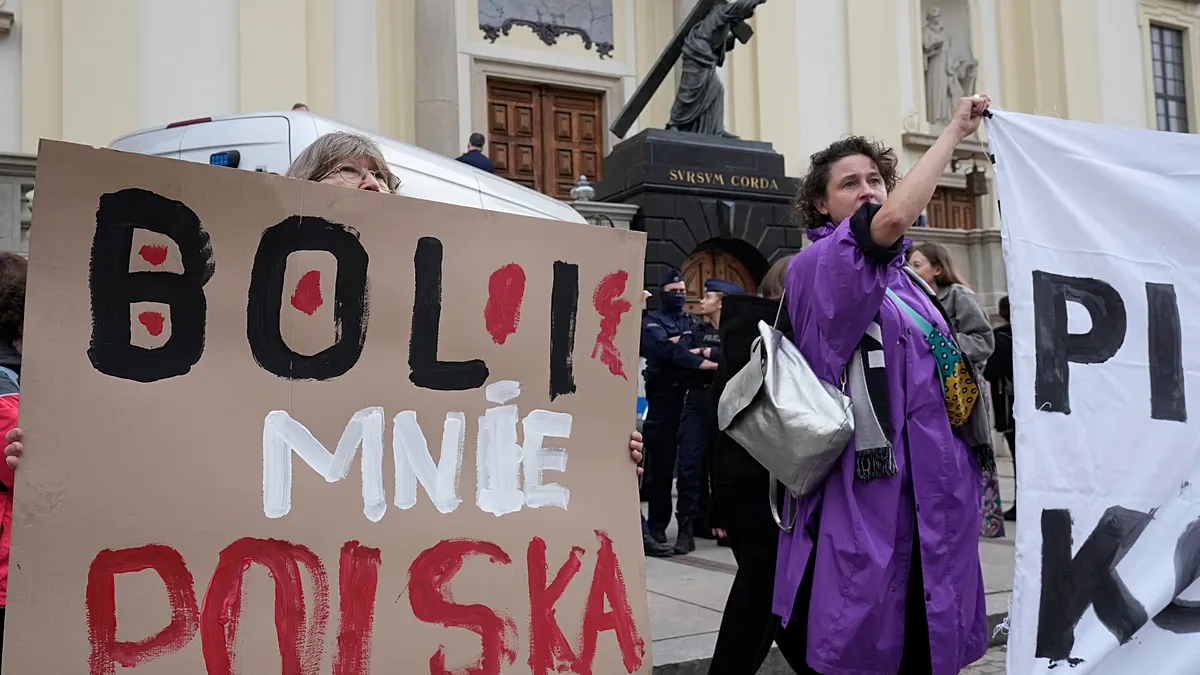 People protest Poland's restrictive abortion law in Warsaw, Poland, on Wednesday June 14, 2023.