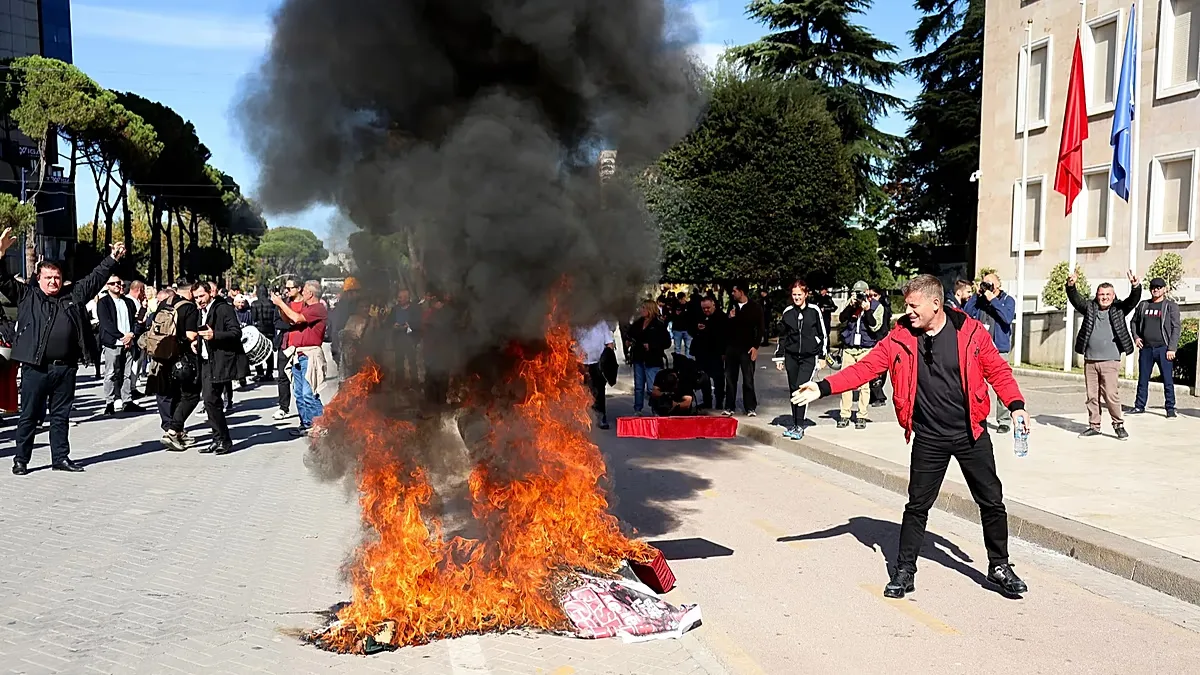 Protesters gather outside the Prime Minister's office during an anti-government rally, in Tirana, Albania, Saturday, Oct. 24, 2026.