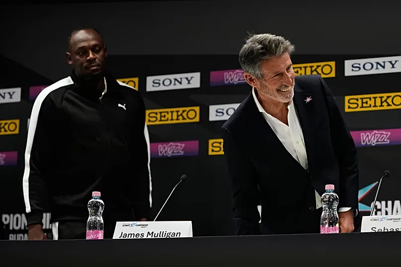 Sebastian Coe (right) with Usain Bolt (left) at an event on the sidelines of the Ultimate Championship in Budapest