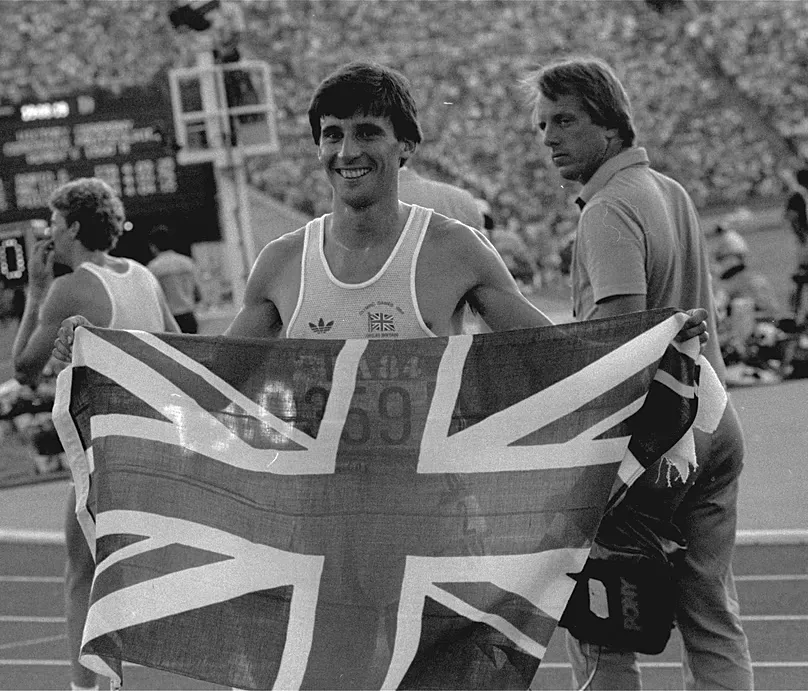Sebastian Coe with the British flag shortly after his victory in the 1,500m at the 1984 Los Angeles Olympic Games