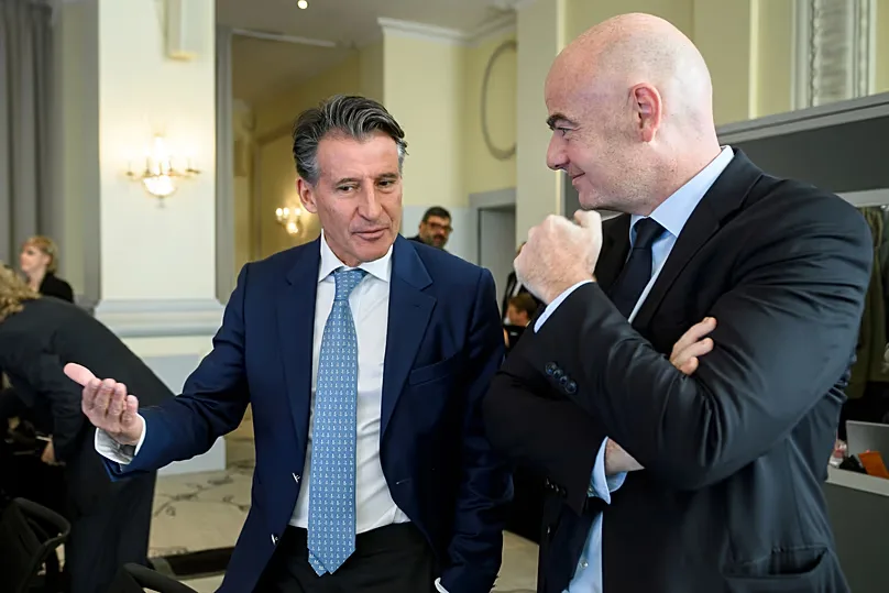 Then IAAF president Seb Coe and FIFA president Gianni Infantino at an IOC Session in Lausanne in October 2016