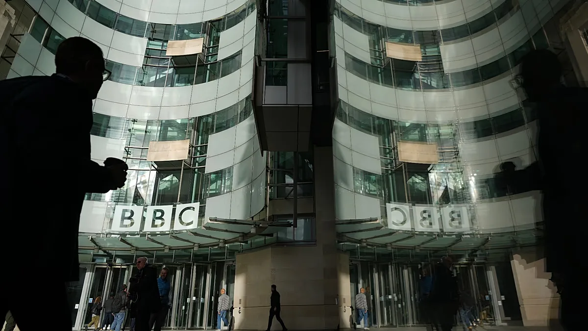 The BBC logo is displayed outside the company's headquarters in London, Nov. 12, 2025. 