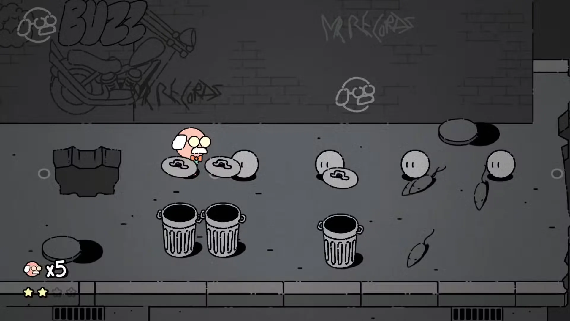 George in Mr. Records running past some garbage cans.