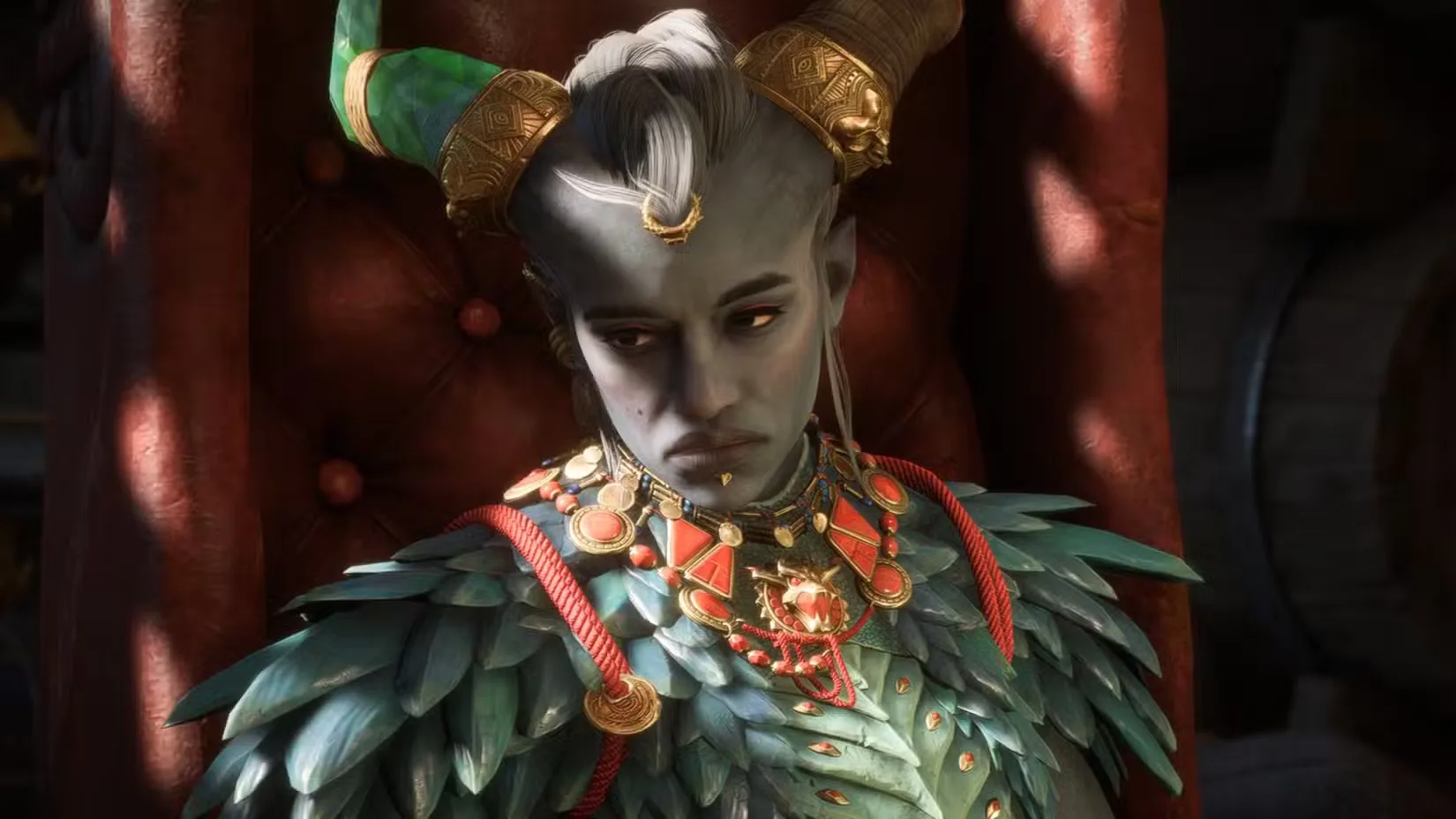Taash, a Qunari character from Dragon Age: The Veilguard, looking solemn and downcast