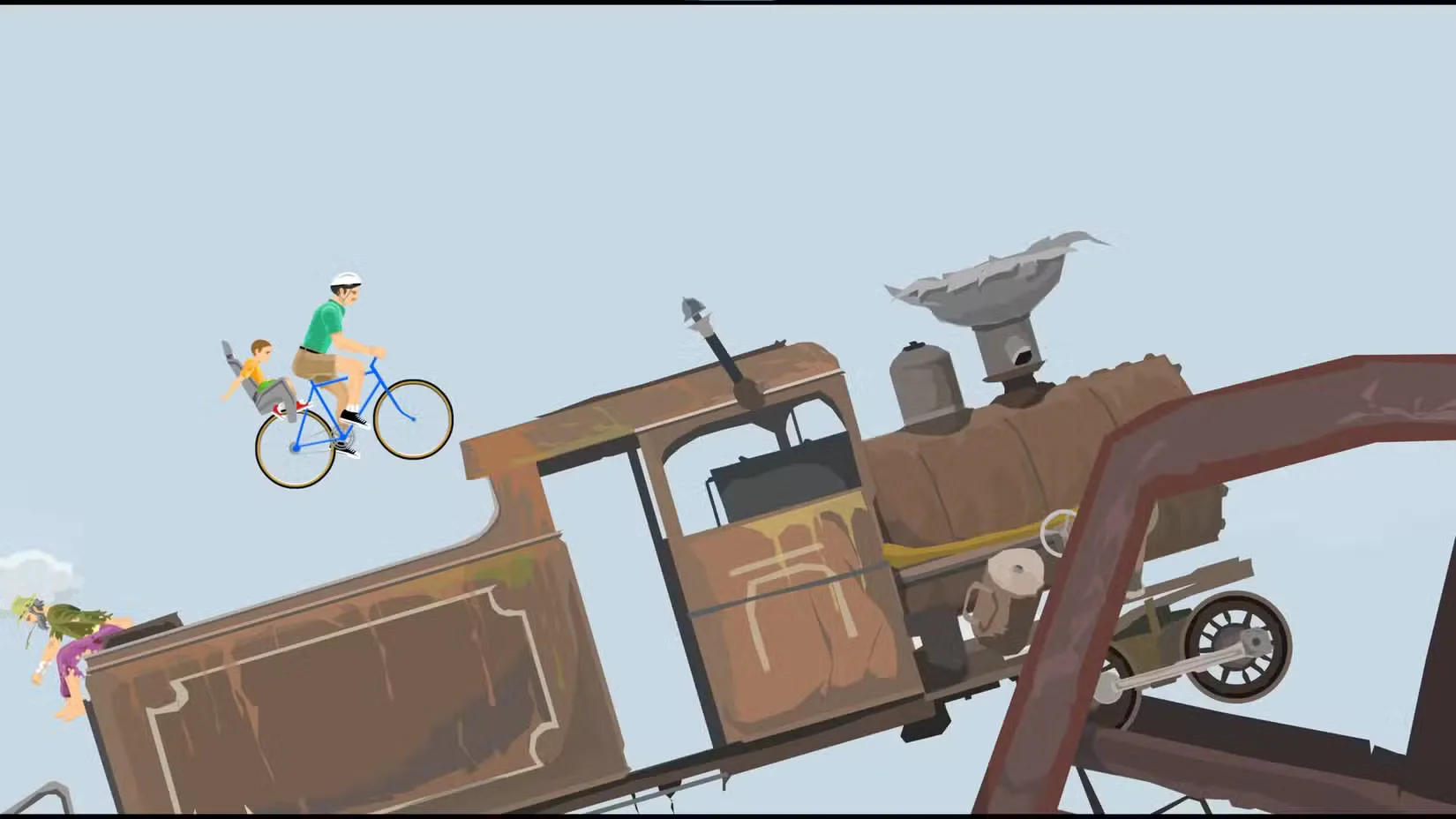 happy wheel family flies over train
