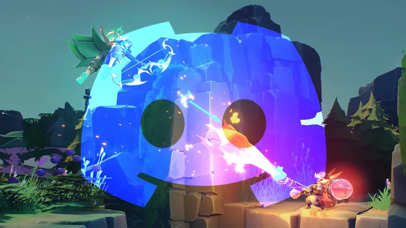 The Discord robot logo hovering over a battle image from Supervive