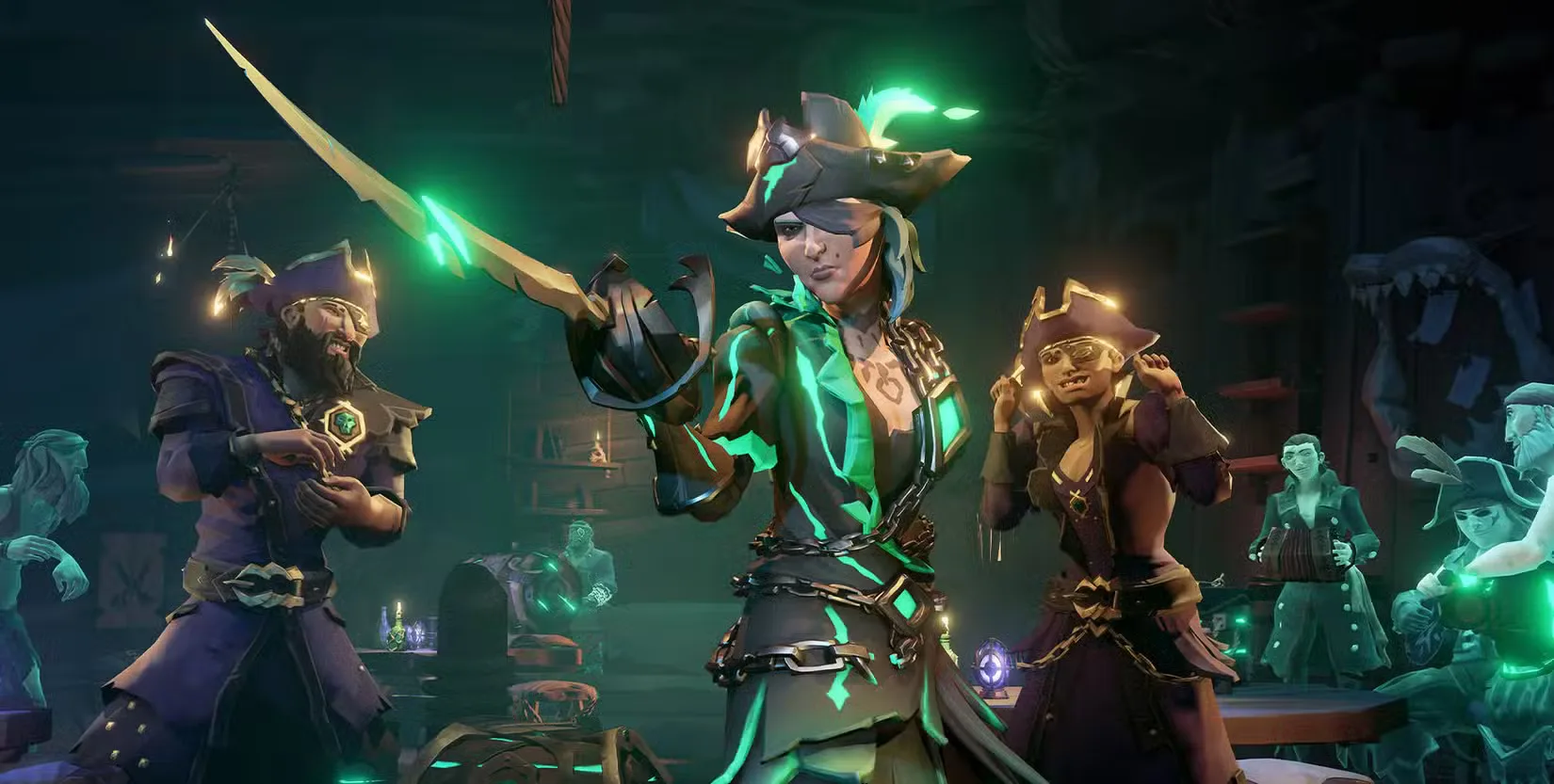 Image: A Pirate Legend ranked player in Sea of Thieves, wearing spectral garb, thrusts their saber forward triumphantly. They’re surrounded by other Pirate Legends and the ghosts of Athena’s Hideout.