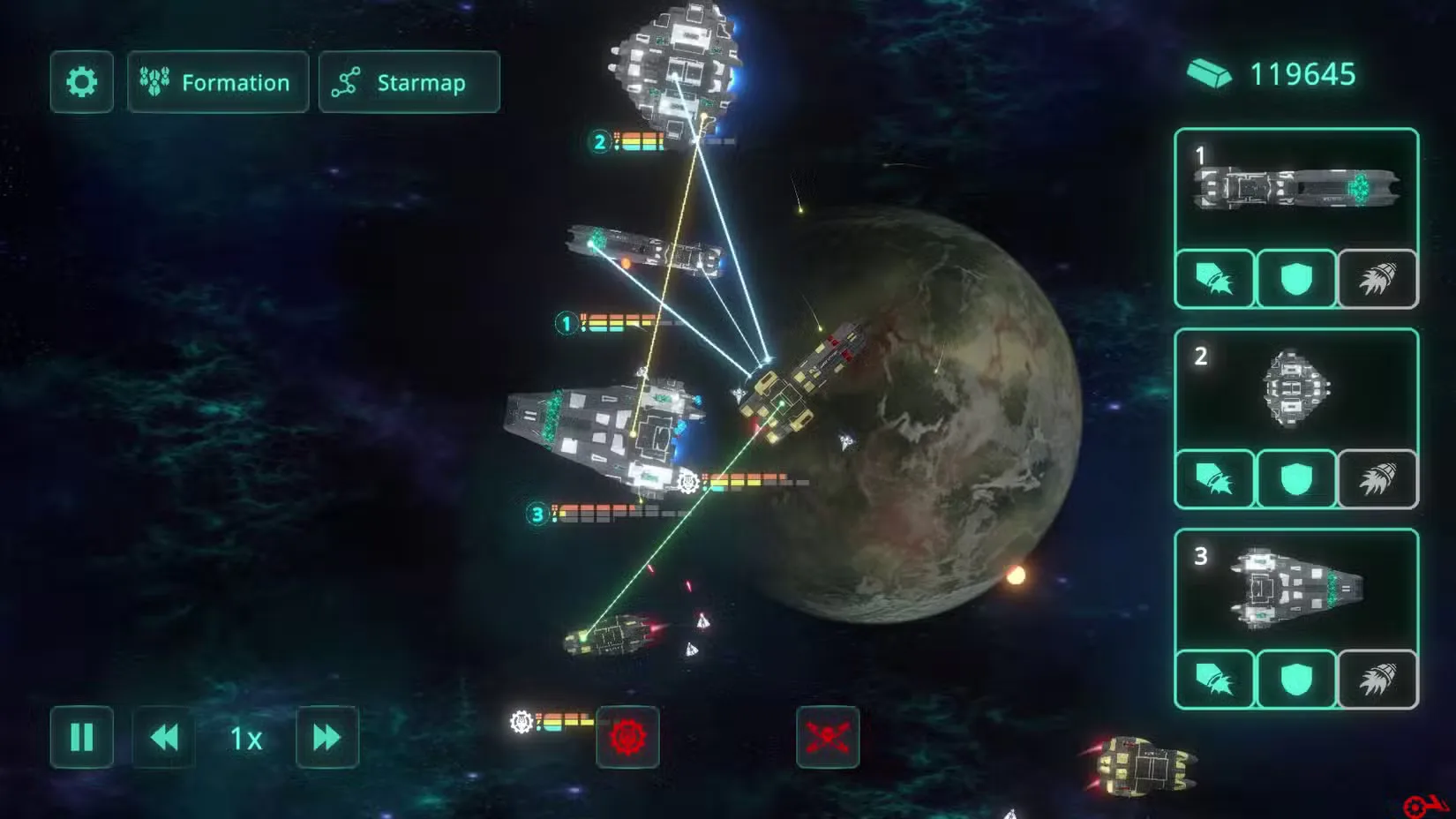 A top down view of space ships battling.