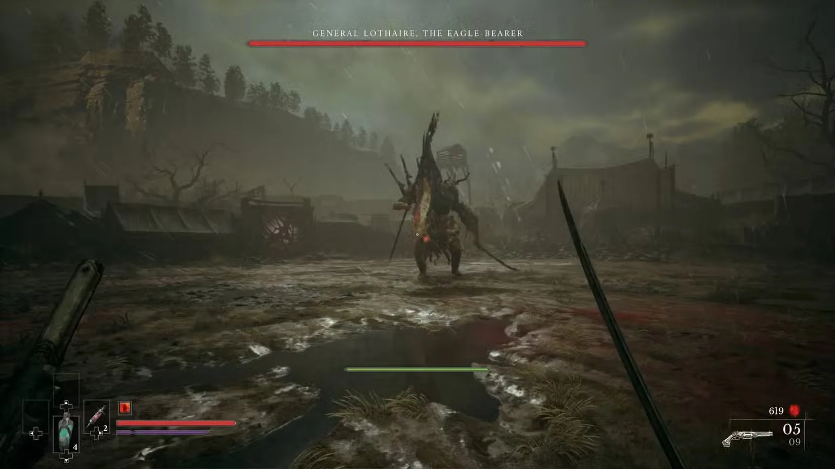 The player in Valor Mortis wielding a cutlass, facing off against the first boss in the demo.