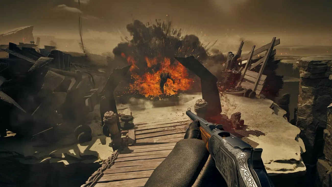 The player in Guns of Eschaton wielding a rifle and looking at an explosion.