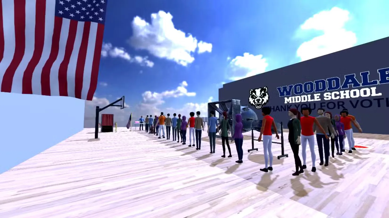 People stand in a line to vote in The Onion Voting Simulator 3D.