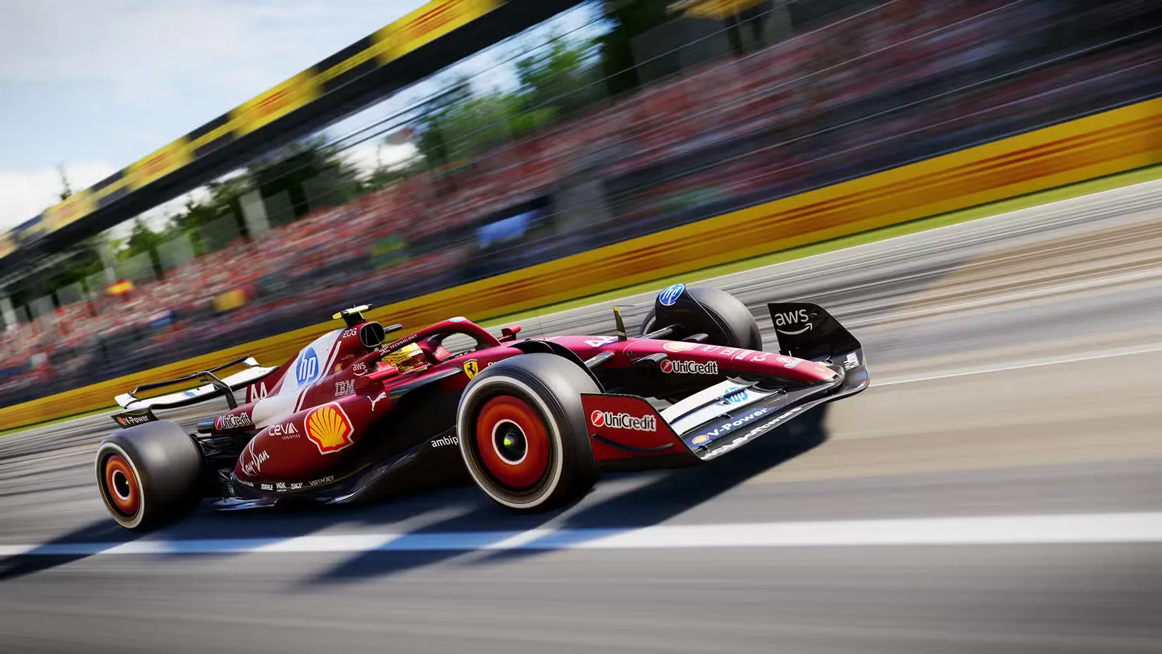 An F1 car racing across the track in F1 25