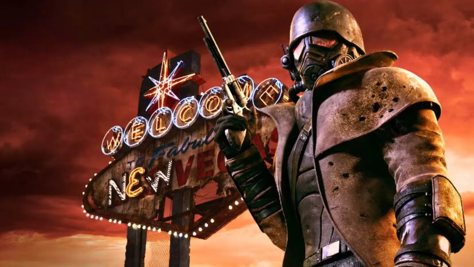 An image of key art from Fallout New Vegas. It depicts a person dressed in a long trench coat, gun in hand, standing in front of a sign that says WELCOME to NEW VEGAS.