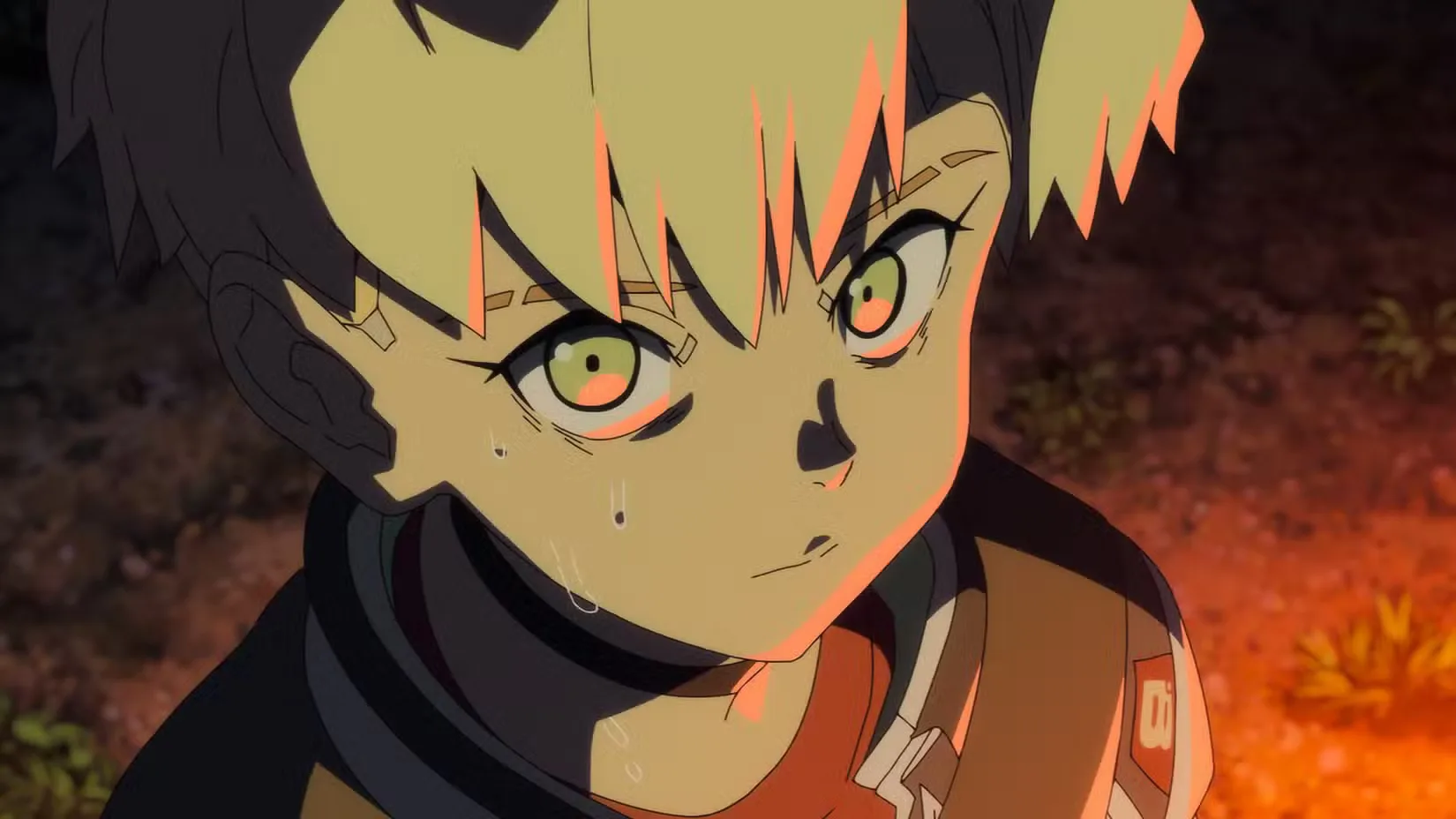 A blonde haired kid looks scared in Cyberpunk: Edgerunners