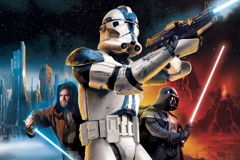 Star Wars: Battlefront 2 (2005) box art with Obi-Wan Kenobi, a stormtrooper and Darth Vader