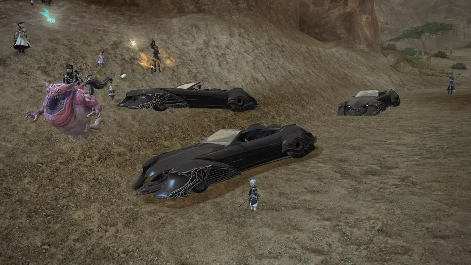 Three players sit in the new Regalia mount in Final Fantasy 14