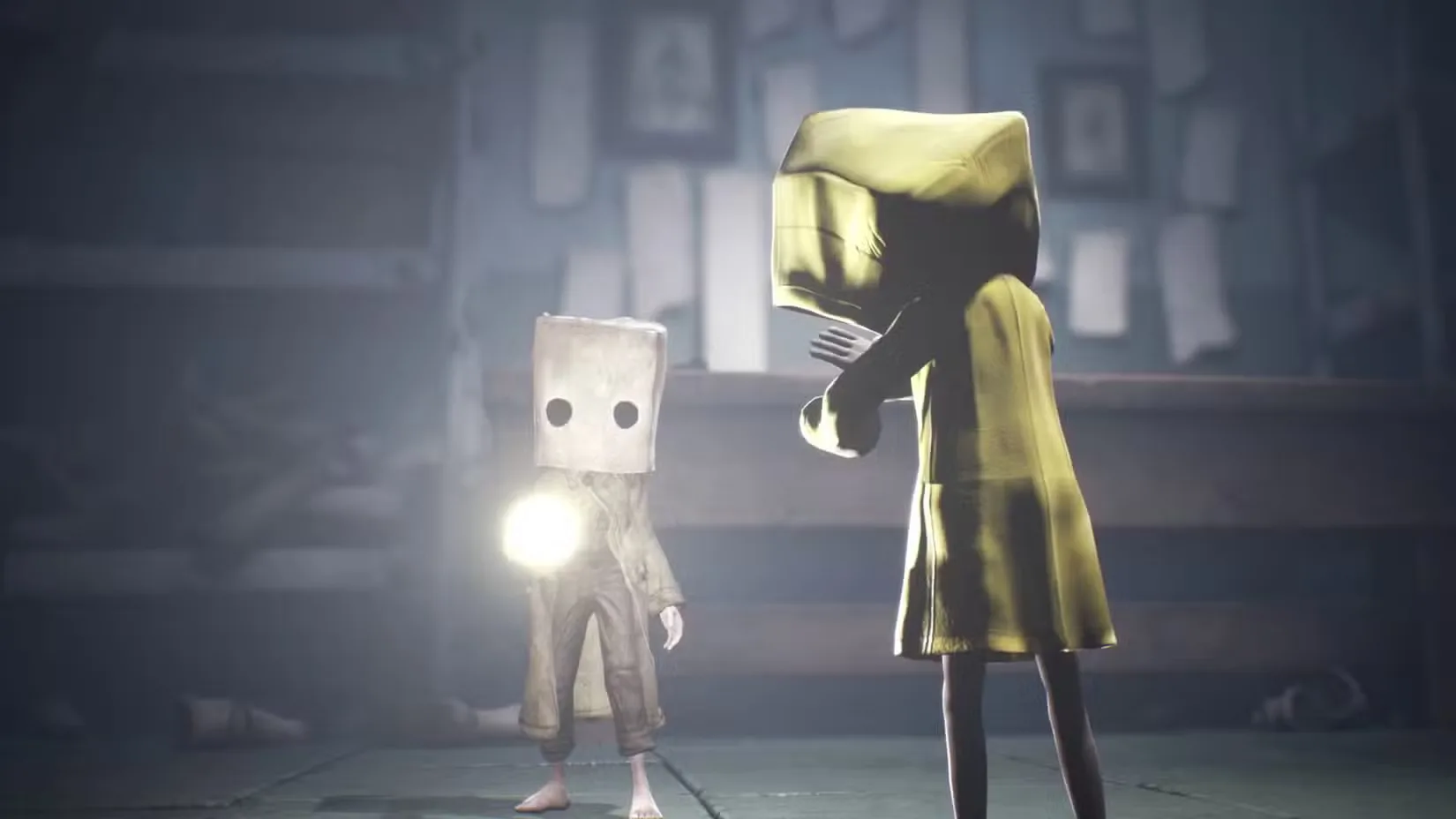 Mono shines a flashlight at Six in Little Nightmares 2