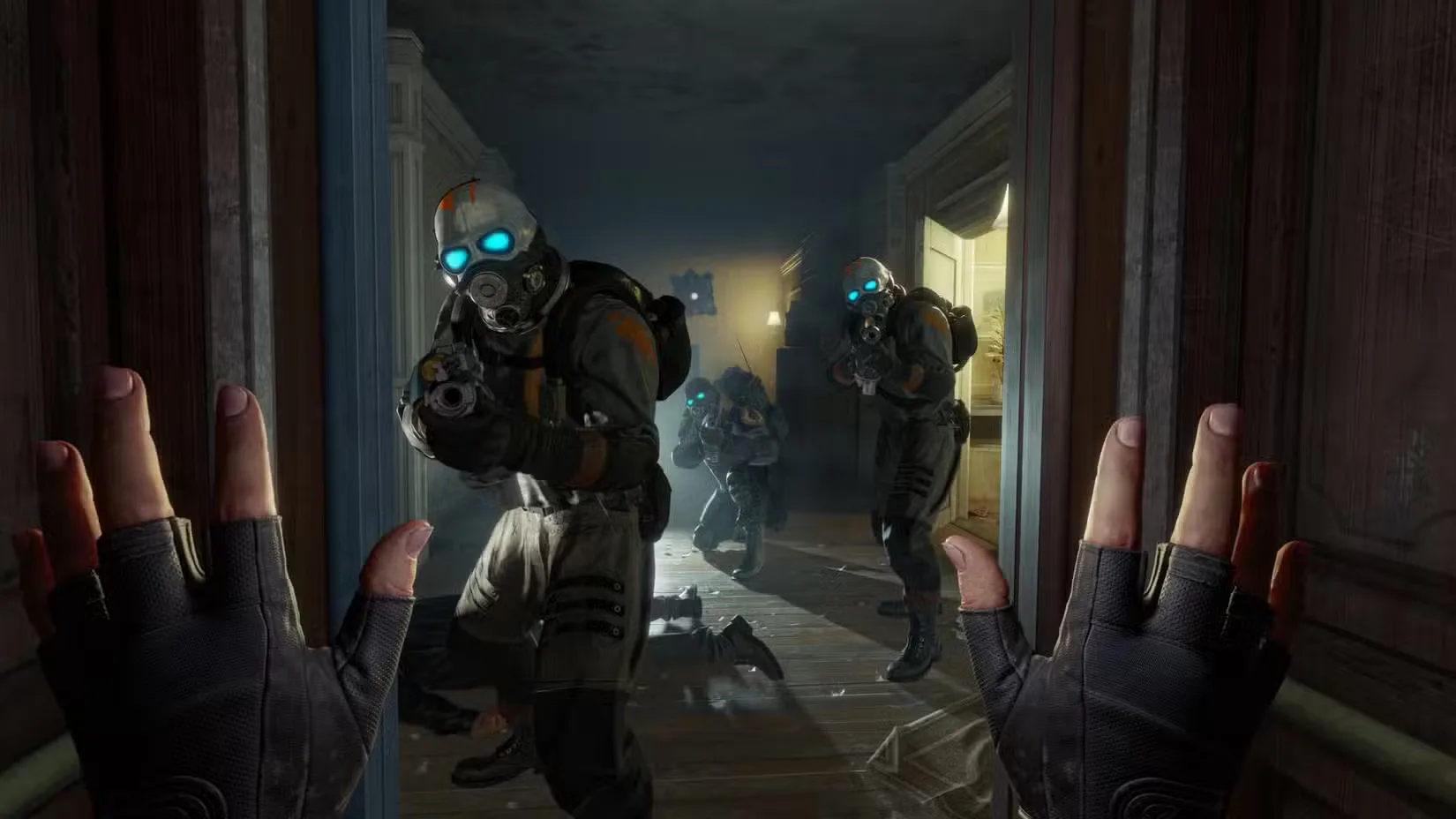 Combine soldiers hold you at gunpoint in Half-Life: Alyx